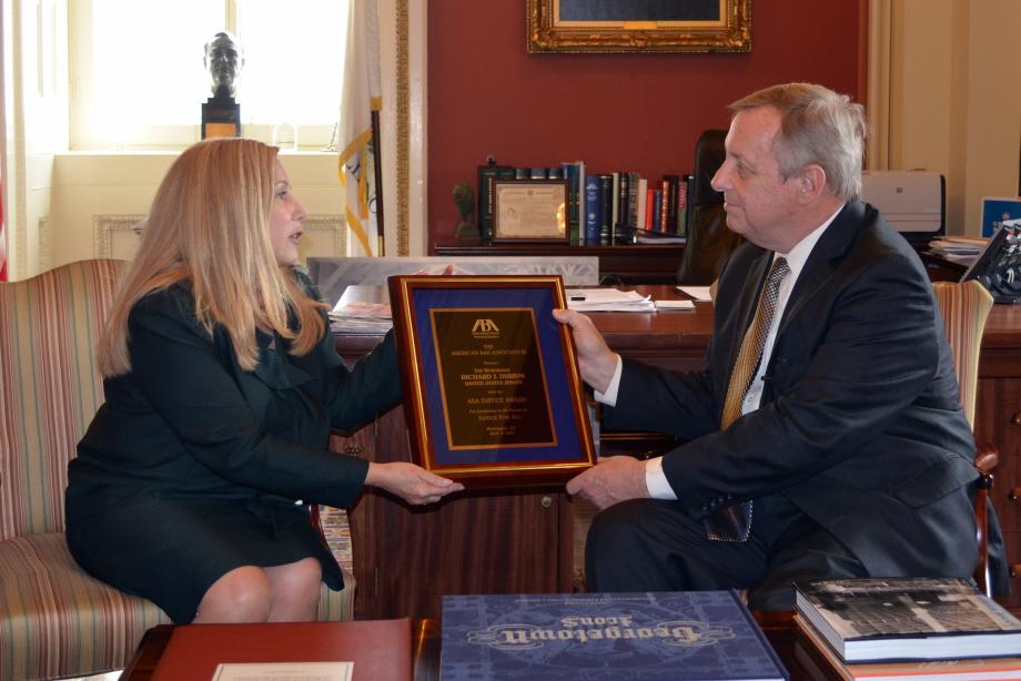 U.S. Senator Dick Durbin (D-IL) met with members of the American Bar Association and was presented with an award for his support of the John R. Justice Student Loan Repayment Program.